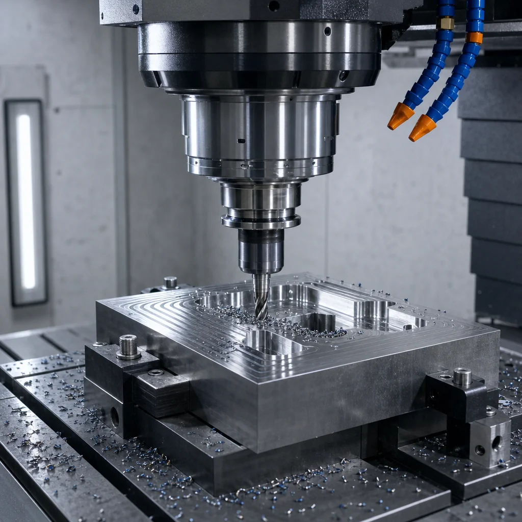 Precision CNC machine milling a steel part with coolant spray