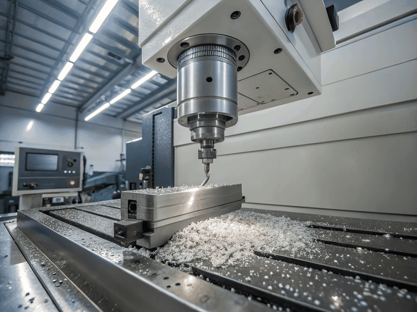 CNC milling process on aluminum block