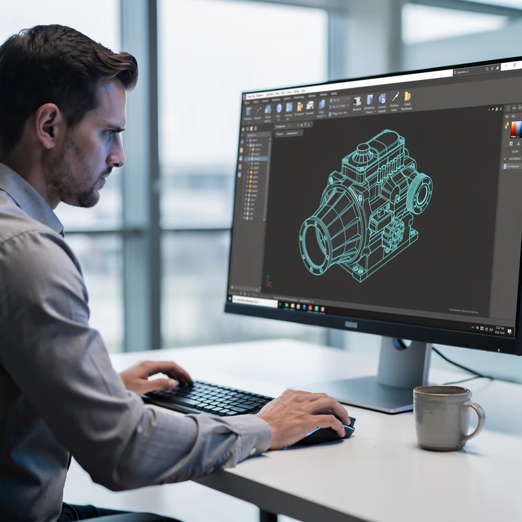 Engineer reviewing a complex CAD model on a high-resolution workstation
