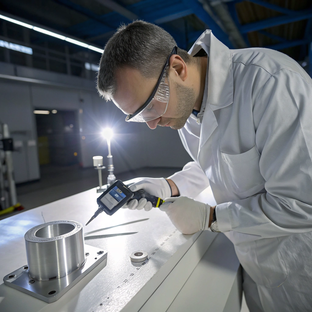 Technician using a digital caliper to measure a finished metal part